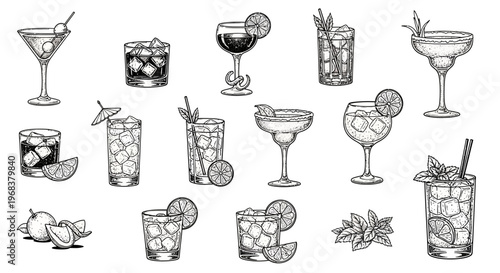 Extensive range of various cocktail types and garnishes in a sketch style.