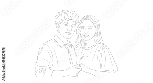 Young couple stands together, holding hands and smiling warmly at the.