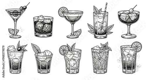 Variety of popular alcoholic beverages rendered in a detailed line art.