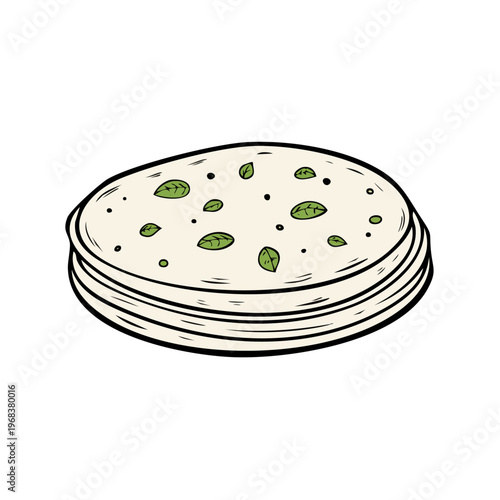 Stack of Flatbreads with Fresh Green Herbs Hand Drawn Illustration