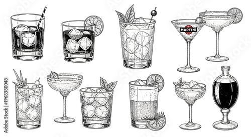 Assortment of classic cocktails presented in elegant monochrome sketch.