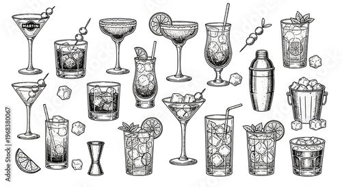 A collection of various cocktails and bar tools is illustrated in a.