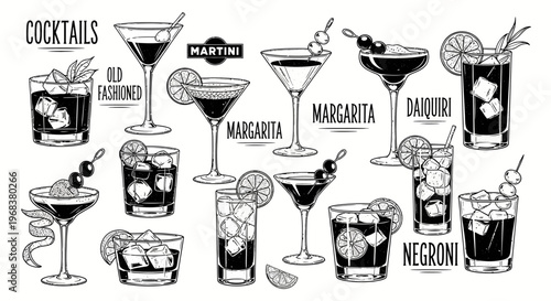 Classic alcoholic cocktails and mixed drinks are elegantly depicted in a.