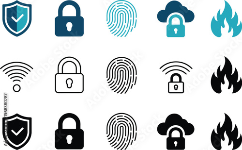 Information technology security vector icons, flat outline and solid glyph styles illustrating cybersecurity protection data privacy network safety and digital security concepts.