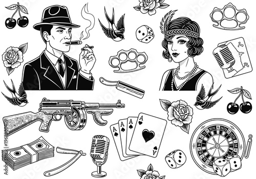 Vintage Noir Gangster and Prohibition Era Tattoo Flash Art Collection with 1920s Mafia Icons