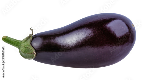 Large glossy dark purple eggplant with vibrant green stem and blossom, isolated on transparent background for healthy food designs