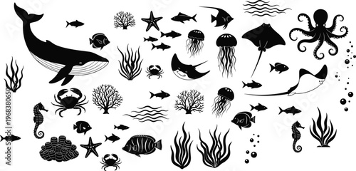 Ocean marine life silhouettes set featuring whale shark octopus jellyfish coral reef fish aquatic animals vector illustration underwater biodiversity collection black design