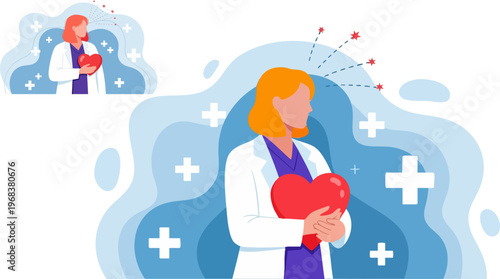 Medical professional holding red heart shape, female doctor in white coat with heart symbol, cardiology and healthcare concept vector illustration