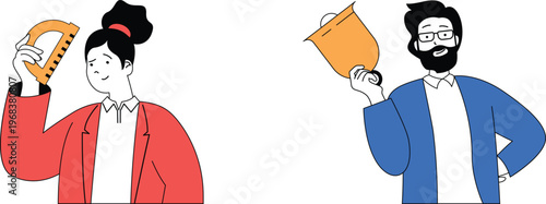 A woman holding a protractor and a man pouring from a jug with confident and professional expressions