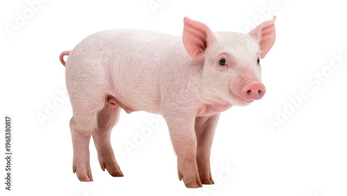 Pink domestic piglet standing sideways displaying its snout and curled tail, isolated on transparent background for farm animal designs