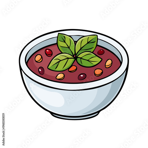 Hearty bean soup with fresh basil garnish in a white ceramic bowl illustration