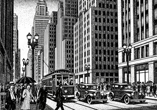 Vintage 1920s City Street Scene Illustration in Stippling Style with Skyscrapers and Streetcar