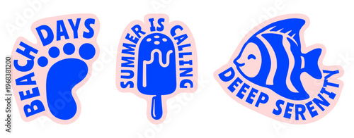 Retro Summer Beach Sticker Pack with Footprint, Ice-Cream, Fish, Vintage Bold Tropical Vector Flat Illustrations Set for t-shirt prints, beachwear design, summer logo, and coastal branding
