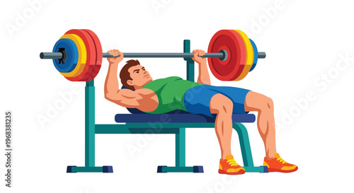 Cartoon illustration of a muscular man performing a barbell bench press