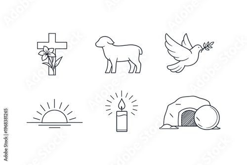 Easter symbols icon set. cross with lily, lamb, dove with olive branch, rising sun, candle, empty tomb with rolled stone. line, flat and colored vector icon set.