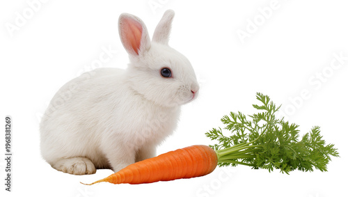 Принти на полотні Fluffy snow-white rabbit attentively gazing at a vibrant orange carrot with lush