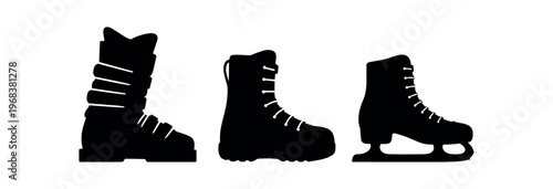 Winter footwear icon set. snow boot, hiking boot, lace-up boot and ice skate silhouettes for winter sports and outdoor wear. flat vector illustration.