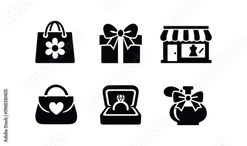 Shopping and gift icon set. shopping bag, wrapped present, storefront, purse with heart, ring in box, perfume bottle with bow. line, flat and colored vector icon set.