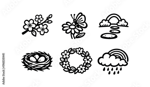 Spring nature icon set. blossom branch, butterfly on flower, rainbow stepping stones, bird nest with eggs, floral wreath, raincloud with rainbow. line, flat and colored vector icon set.