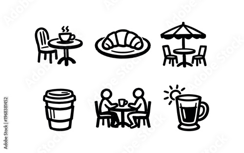 Cafe breakfast icon set. coffee cup, croissant, outdoor table, takeaway cup, people chatting, morning drink. line, flat and colored vector icon set.