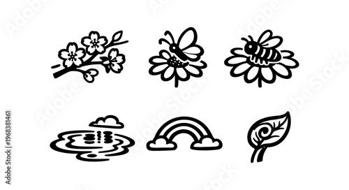 Spring nature and pollination icons icon set. blossom branch, bee on flower, pollinator, pond, rainbow, leaf, seasonal, growth, ecology, outdoors. line, flat and colored vector icon set.