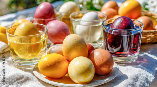 Colorful eggs resting on a table, showcasing vibrant hues and artistic designs, perfect for spring celebrations and festive gatherings during bright, sunny days
