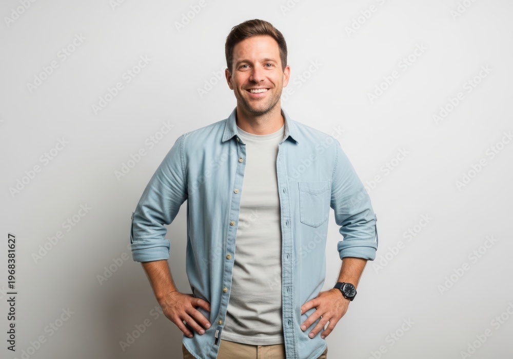 Fototapeta premium Friendly man in casual outfit standing against white background with a smiling man with short