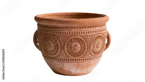 Foto Rustic terracotta planter with intricate radial embossed patterns and two handle