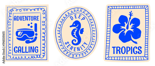 Retro Summer Beach Postcard Sticker Set with Snorkel Mask, Seahorse, Hibiscus Flower, Vintage Hand Drawn Travel Postage Stamp Signs Flat Vector Illustration for T-Shirt Prints, Poster, Sticker, Travel