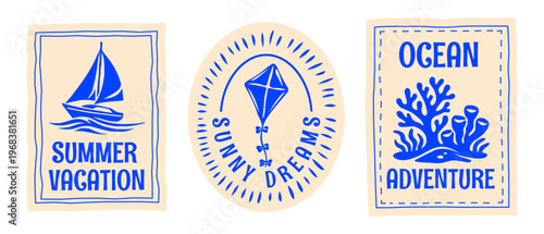 Retro Summer Beach Postcard Sticker Set with Sail Boat, Kite, Coral Reef, Vintage Hand Drawn Travel Postage Stamp Signs Flat Vector Illustration for T-Shirt Prints, Poster, Sticker, Travel Design