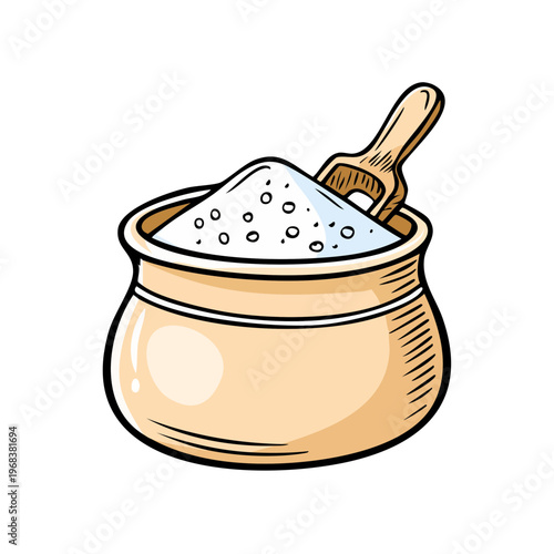 Ceramic Pot Filled with Granulated Sugar and Wooden Scoop Illustration