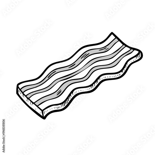 Hand-drawn illustration of a single wavy strip of crispy cooked bacon with alternating fat and meat layers