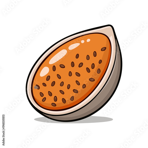 Illustration of a cut passion fruit with vibrant orange pulp and dark seeds