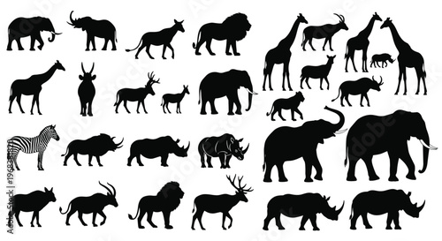 African Wildlife Silhouettes Vector Set, Diverse Safari Animals Lion Elephant Giraffe Rhino Antelope Collection for Design