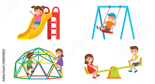 Children enjoying a playground with a slide swing climber and seesaw
