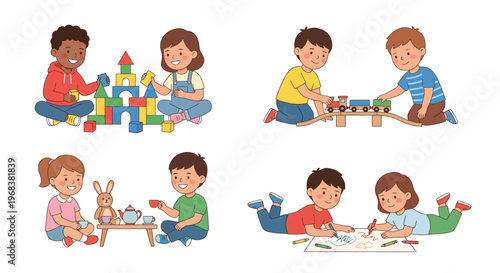 Diverse group of children happily playing with colorful toys together