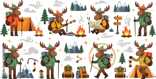 Cute Moose Camping Adventure Cartoon Set with Forest Wildlife Characters, Hiking Gear, Campfire Scenes, Outdoor Exploration, and Nature Travel Vector Illustration Collection.