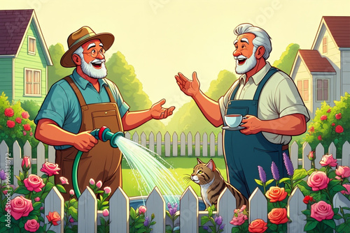 Senior Male Neighbors Chatting and Laughing over Garden Picket Fence Vector