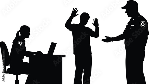 Silhouette of police officers with suspect at desk, law enforcement scene, interrogation, justice system, authority, crime investigation illustration