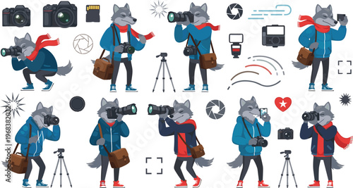Wolf Photographer Cartoon Set with Camera Equipment, Photography Poses, Creative Shooting Scenes, Professional Artist Theme, and Modern Vector Illustration Collection.