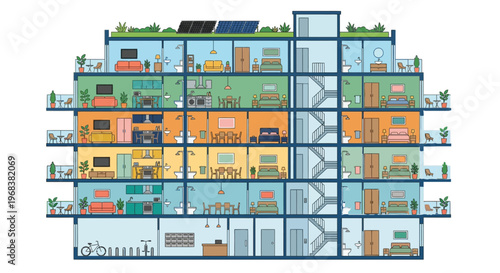 Detailed cross section illustration of a modern apartment building with interior views