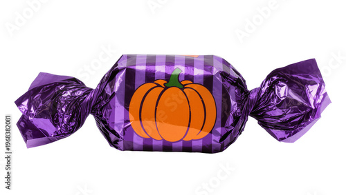 Festive Halloween candy wrapped in purple foil with orange pumpkin graphic, isolated on transparent background for seasonal promotions