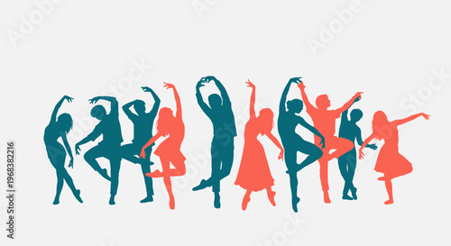A vibrant illustration captures the dynamic energy of diverse human silhouettes gracefully dancing in various expressive poses, symbolizing joy and freedom of movement.