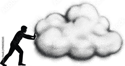 Silhouette person pushing heavy textured cloud symbolizing struggle, effort, determination, resilience, perseverance, challenge, hardship, motivation, success, 