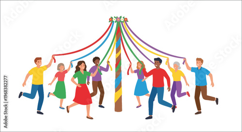 People dancing around a maypole with colorful ribbons in a festive celebration