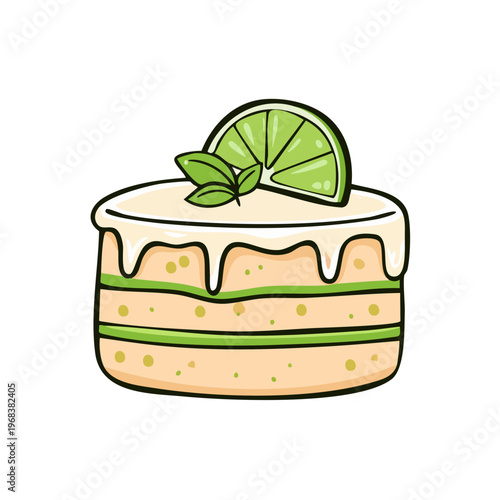 Hand drawn layered cake with lime and mint garnish illustration