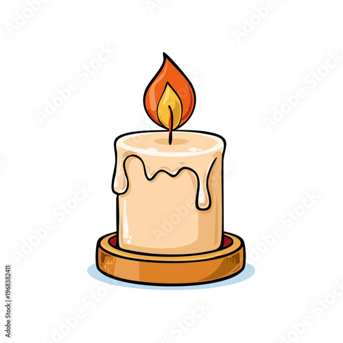 Illuminated Wax Candle with Dripping Wax and Bright Flame Isolated on White