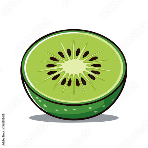 Vibrant illustration of a sliced kiwi fruit showing its green flesh and black seeds