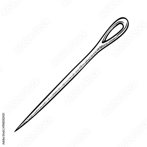 Hand-drawn illustration of a sewing needle with a large eye ready for thread in a sketch art style