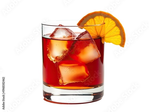 A glass filled with ice and a refreshing slice of orange, perfect for a warm day or as a garnish for cocktails